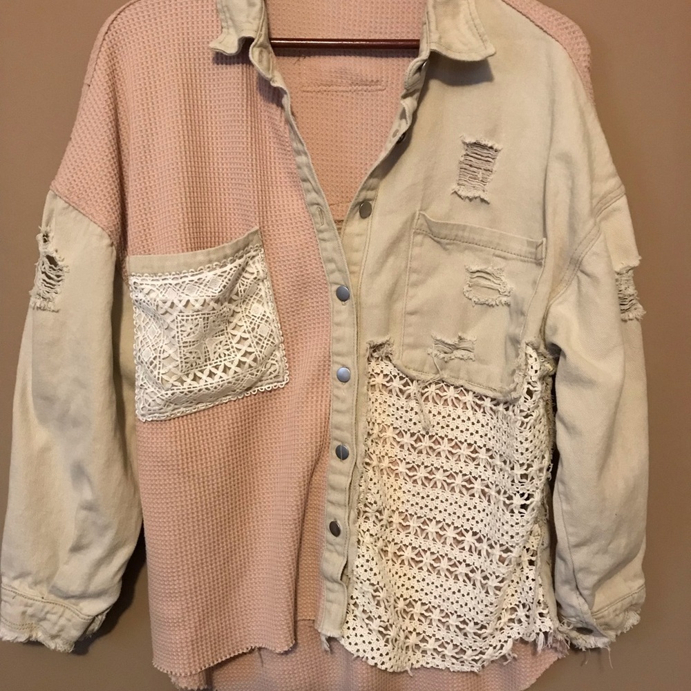 POLS Pink & Khaki Patchwork Button Down Crochet Lace & Denim